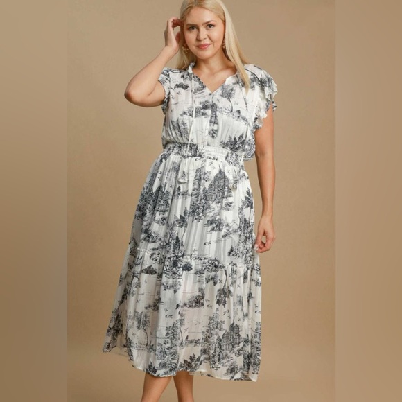 Umgee Full Size Two Tone Landscape Print Midi Dress Plus Size - Picture 2 of 3